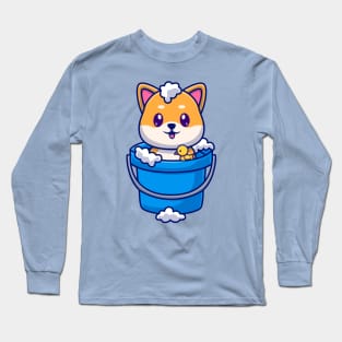 Cute Shiba Inu Bathing In Bucket With Bubble Cartoon Long Sleeve T-Shirt